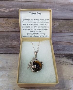Tiger Eye dragon claw pendant with 18 inch silver plated chain in gift box