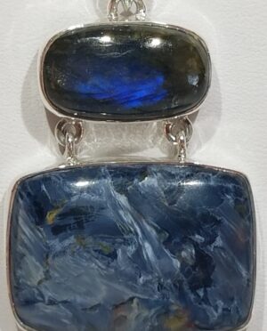 Pietersite and labradorite sterling silver pendant with blue chatoyance and flash