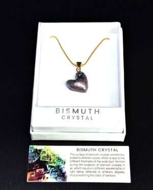 Bismuth heart within heart pendant gift set with colorful crystal geometry, 20 inch chain, and explanation card