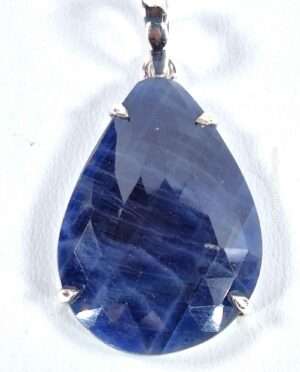 Faceted blue sapphire gemstone pendant set in sterling silver 925, 1.25 inches long