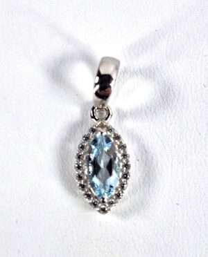 Blue topaz sterling silver pendant with cubic zirconia trim, 0.5 inch gemstone pendant on 20 inch plated chain, gift box included