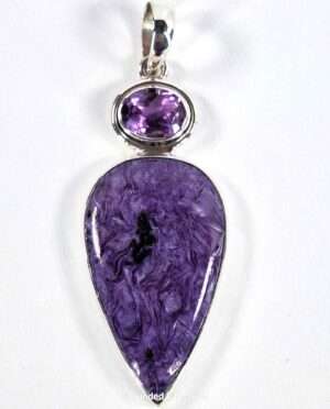 Charoite and amethyst gemstone pendant set in sterling silver 925, 2 inches long