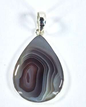 Botswana grey agate gemstone pendant with natural banding, set in sterling silver 925, 1.25 inches long