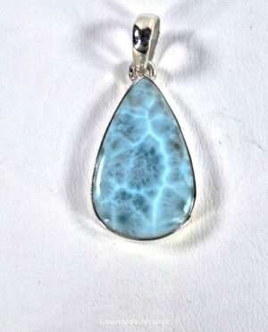 Teardrop-shaped larimar gemstone pendant set in sterling silver 925, 1 inch long