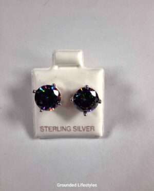 Sterling silver earrings with 0.25 inch mystic topaz gemstones, iridescent rainbow colors, elegant petite jewelry by Grounded Lifestyles