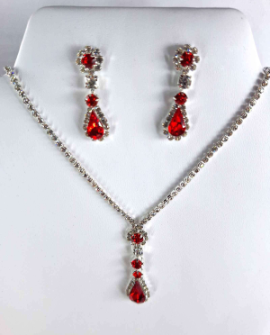 Ruby red cubic zirconia necklace and earring set, plated design with sparkling gemstones, elegant party and gift jewelry by Grounded Lifestyles
