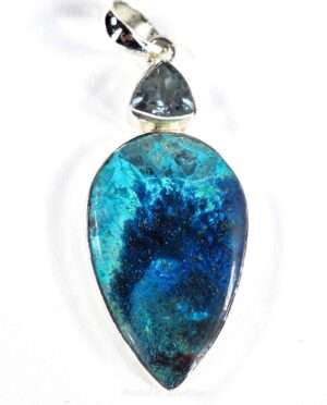 Shattuckite and blue topaz gemstone pendant set in sterling silver 925, 1.5 inches long, with 20 inch silver-plated chain and gift box