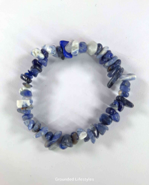 Elastic bracelet made with natural sodalite stone chips, deep blue with white calcite veining, fits most wrists, by Grounded Lifestyles