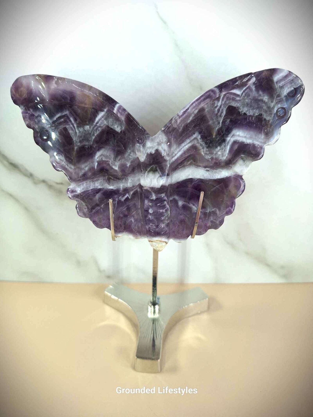 Chevron Amethyst butterfly sculpture on stand for décor and meditation