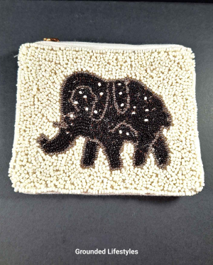 Handcrafted cloth zip pouch with elephant beadwork
