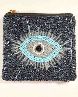 handcrafted beaded zip pouch with evil eye design