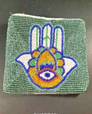 Handcrafted beaded zip pouch with Hamsa hand design