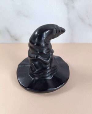 Handcrafted resin wand shaped like a witch's hat, inspired by black obsidian volcanic glass, reminiscent of Harry Potter Sorting Hat