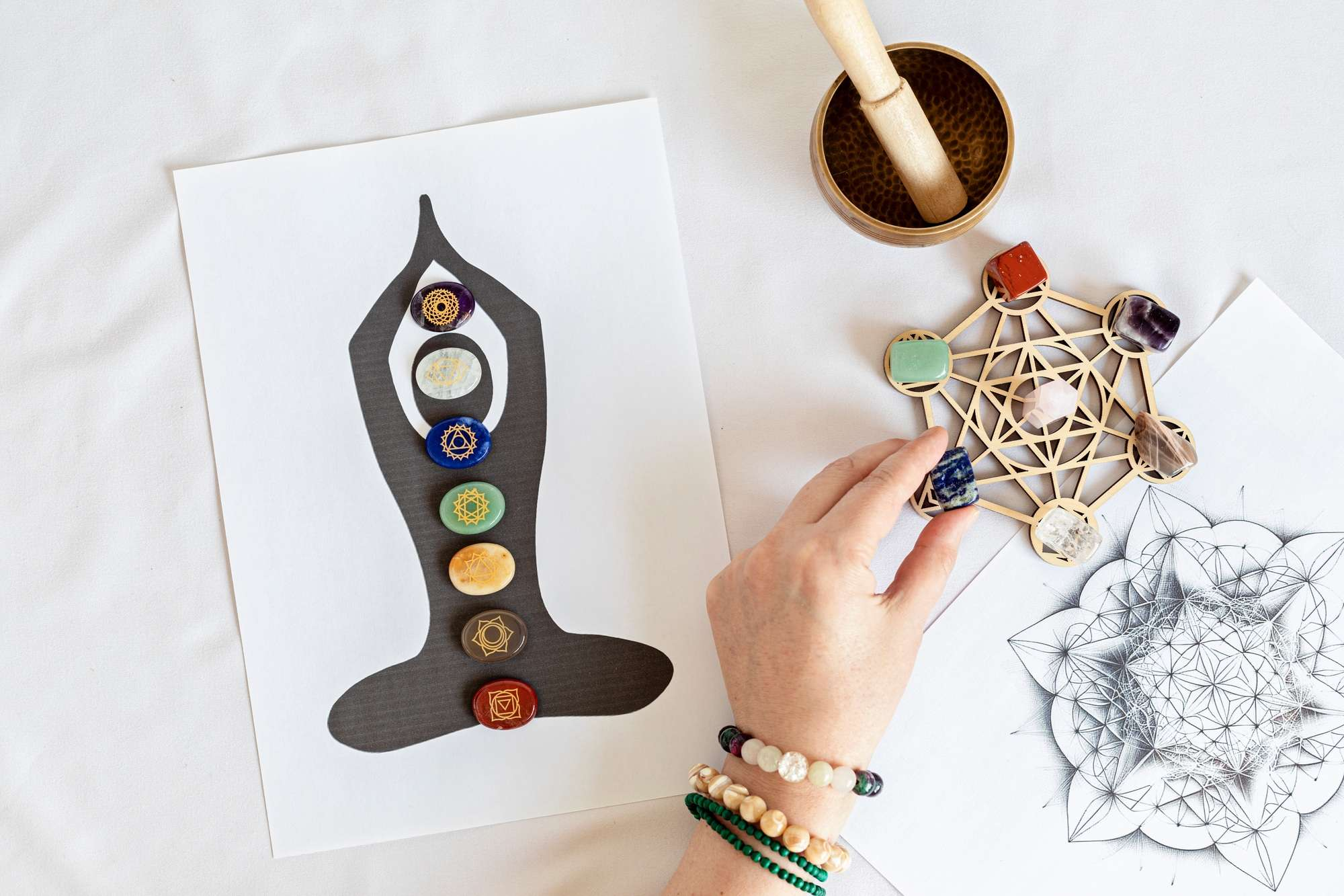 Healing chakra crystal grid therapy. Rituals with gemstones for wellness, healing, meditation