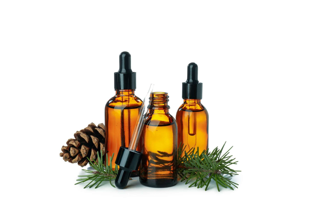 Pine essential oils isolated on white background