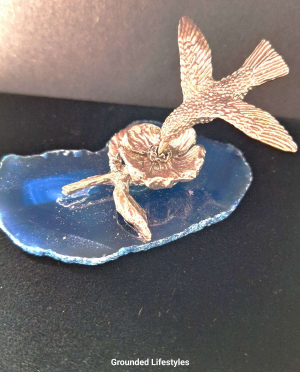 pewter hummingbird on polished agate slice handcrafted art