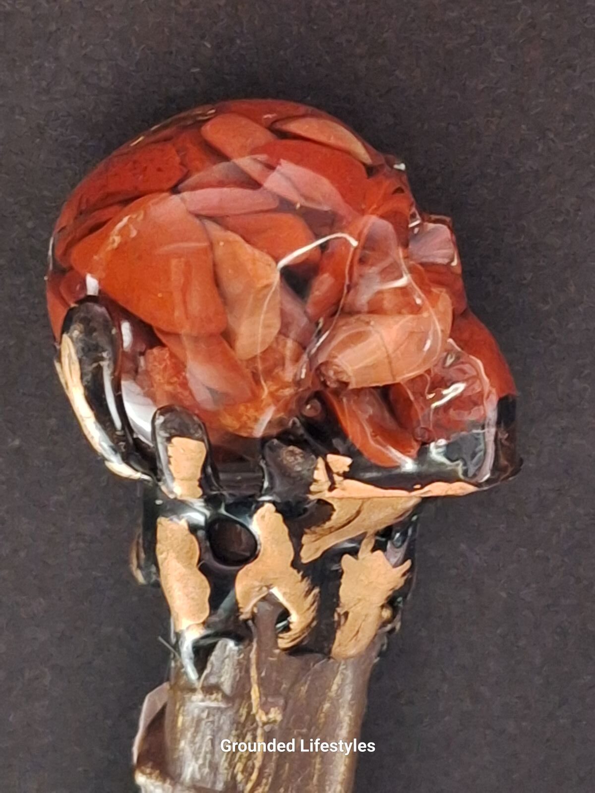 Red jasper resin skull wand 12 inch crystal energy tool for strength and grounding