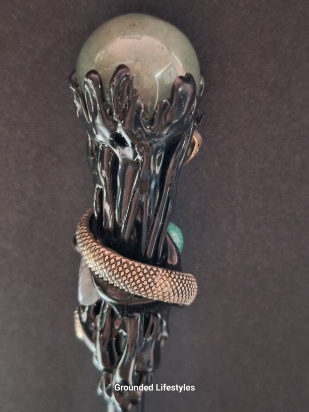 Green aventurine resin wand with silver snake wrapped around stone