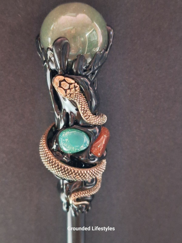 Green aventurine resin wand with silver snake wrapped around stone