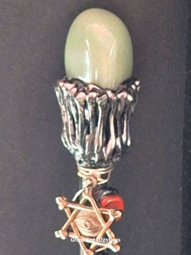 Green aventurine magic wand with resin base and black velvet bag