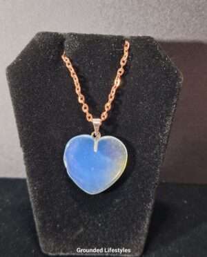 opalite heart pendant with antique rose chain and soft glow