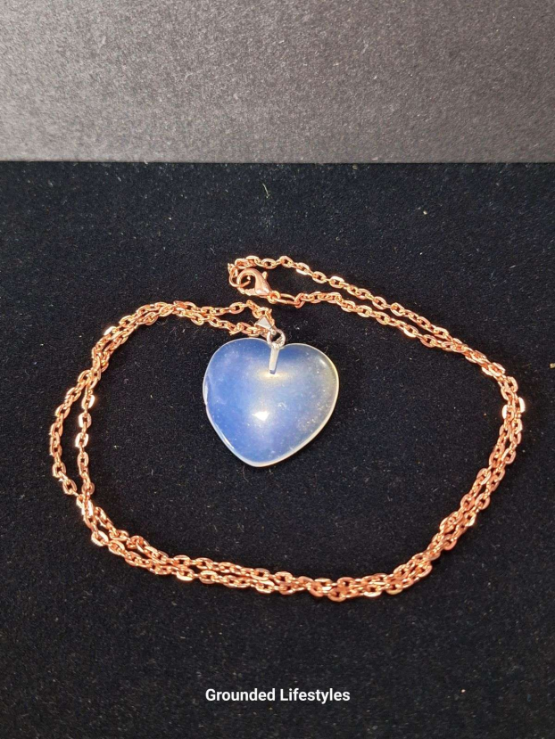 opalite heart pendant with antique rose chain and soft glow