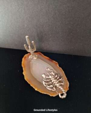 pewter cactus and scorpion on agate slice Arizona scene