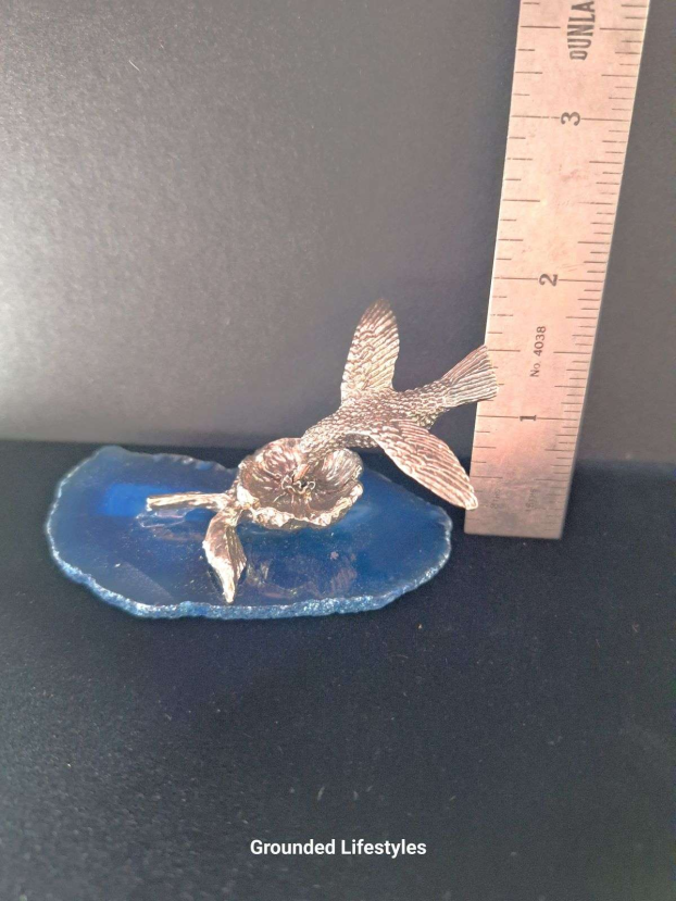 pewter hummingbird on polished agate slice handcrafted art