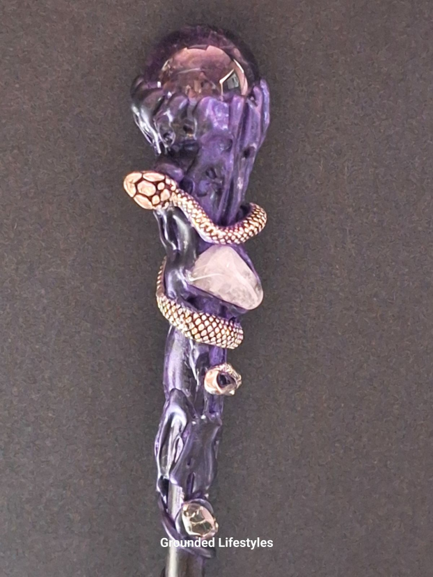 10 inch amethyst crystal wand with serpent design for wisdom and healing
