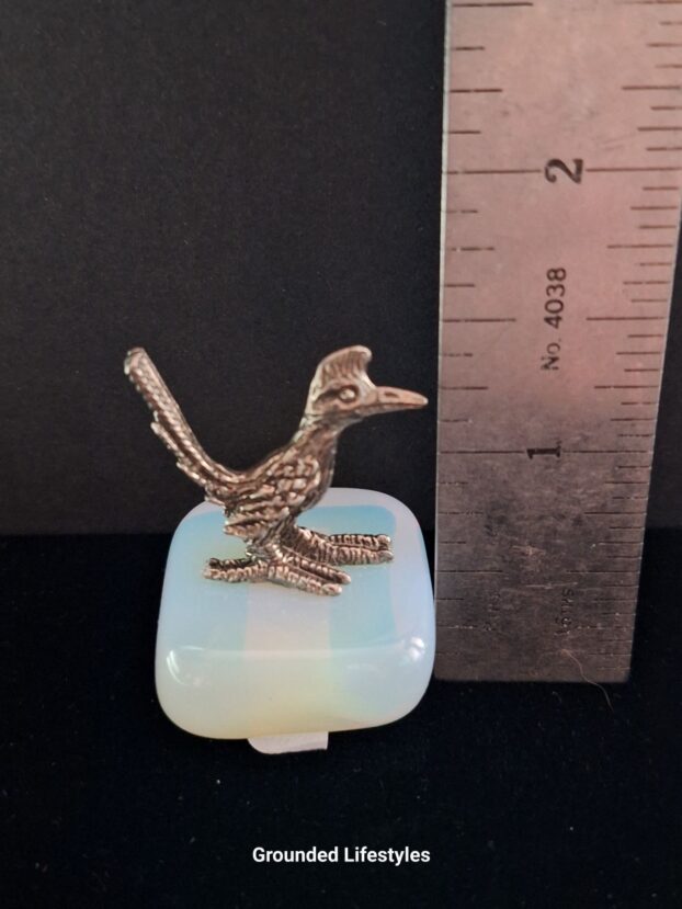 Hand-cast pewter roadrunner figurine on polished opalite base