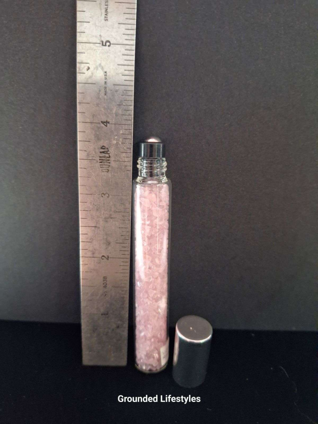 4.25 inch rose quartz essential oil roller with silver and black ball head