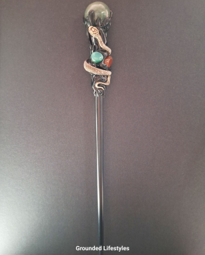 Green aventurine resin wand with silver snake wrapped around stone