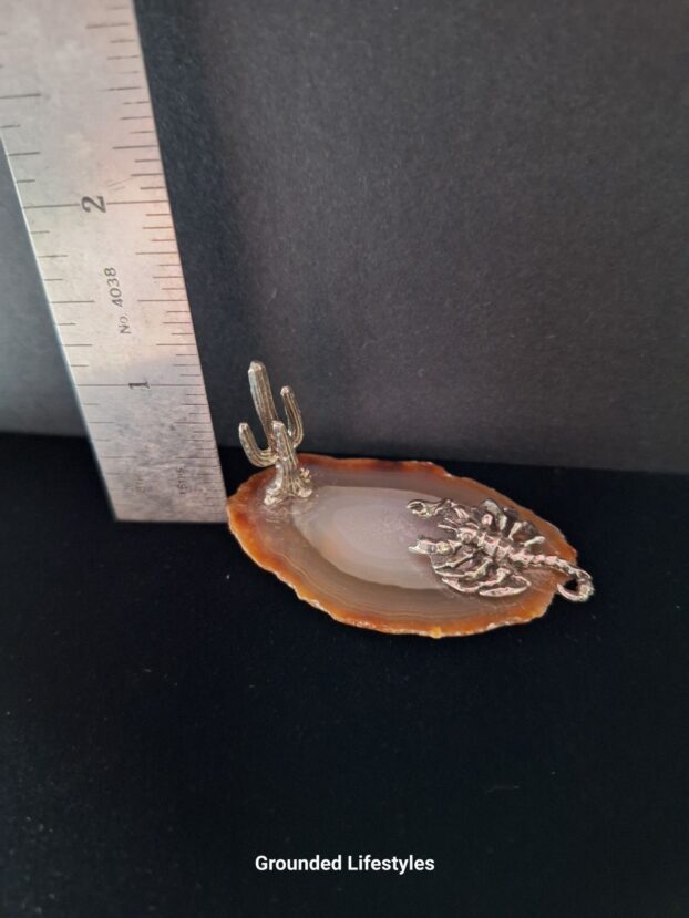 pewter cactus and scorpion on agate slice Arizona scene