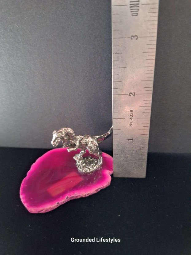 pewter T-Rex on pink agate slice decorative sculpture