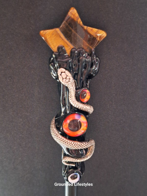 11 inch Tiger Eye crystal wand silver snake motif for strength