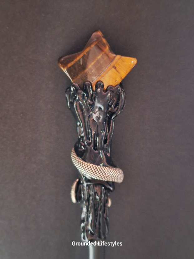 11 inch Tiger Eye crystal wand silver snake motif for strength