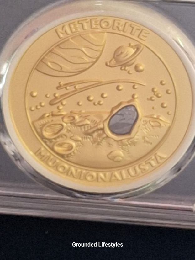 gold alloy coin inset with Muonionalusta meteorite fragment