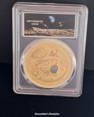 gold alloy coin inset with Muonionalusta meteorite fragment
