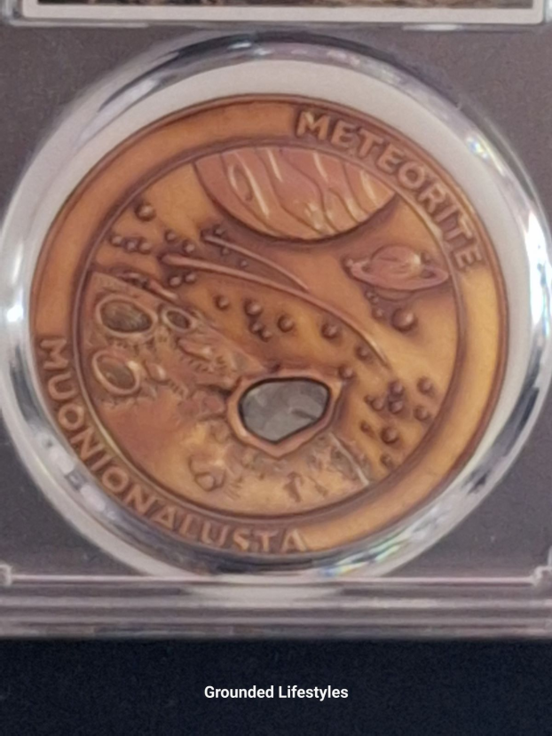 Muonionalusta meteorite bronze coin in clear display case