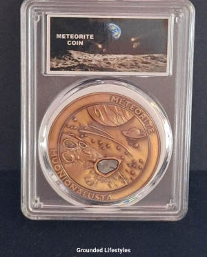 Muonionalusta meteorite bronze coin in clear display case