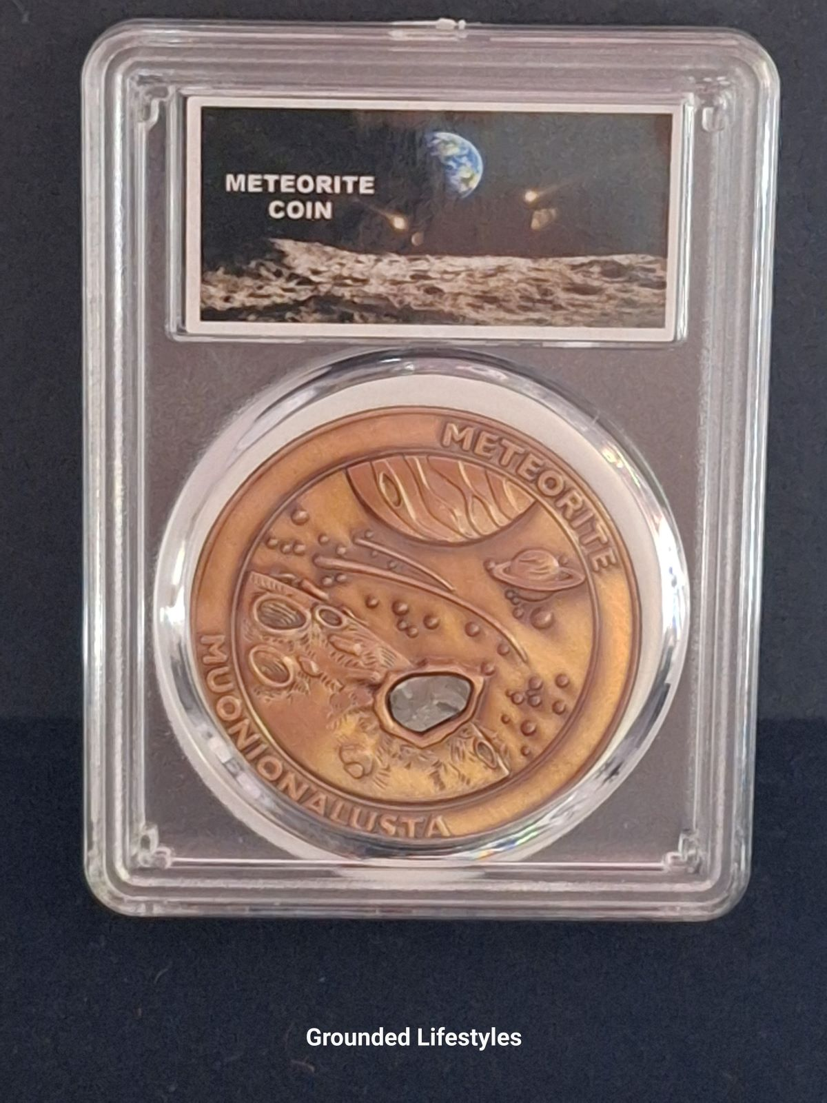 Muonionalusta meteorite bronze coin in clear display case