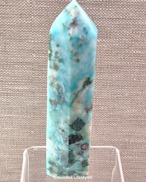 4 inch chrysocolla point showing blue and green copper mineral patterns