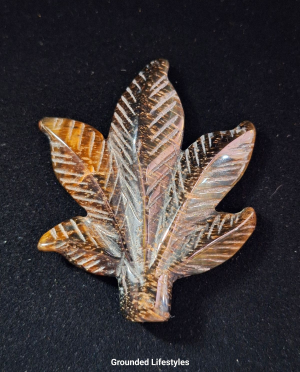 Polished Tiger Eye gemstone leaf carving 2 inches long