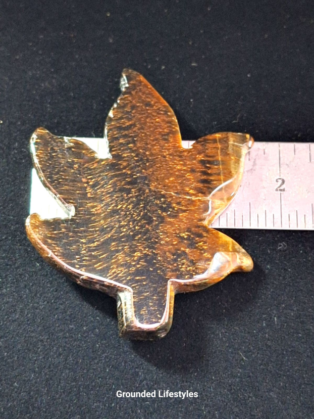 Polished Tiger Eye gemstone leaf carving 2 inches long